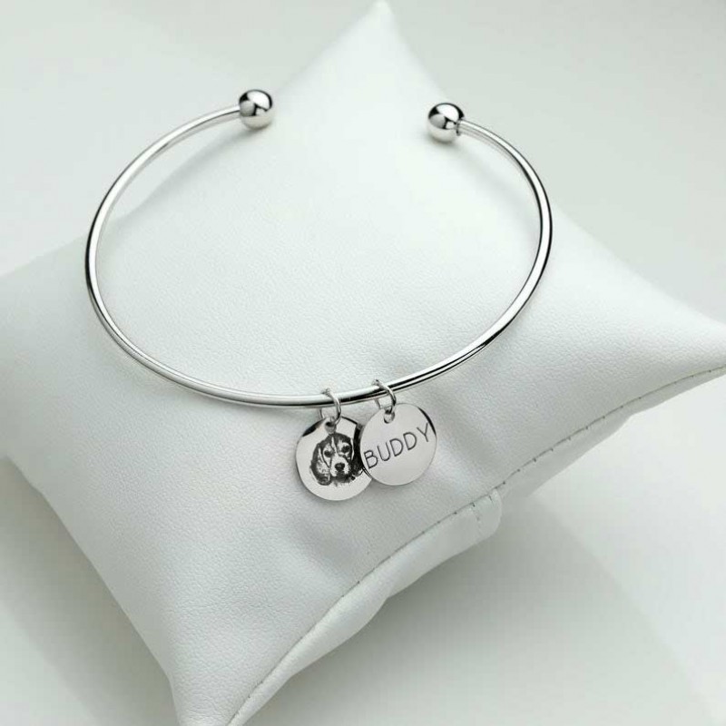 Personalized Pet Portrait Bangle Dual Charm, Custom Dog / Cat Photo Engraved Bracelet, Unique Holiday Gift Pet Memorial Gift for Dog Mom & Cat Mom