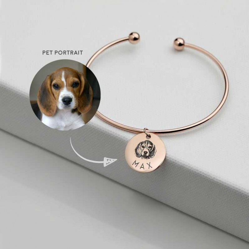 Custom Single Pendant Pet Portrait Bangle, Personalized Gift For Pet Lovers, Birthday / Mother's Day / Valentine's Day Present for Cat Mom & Dog Mom