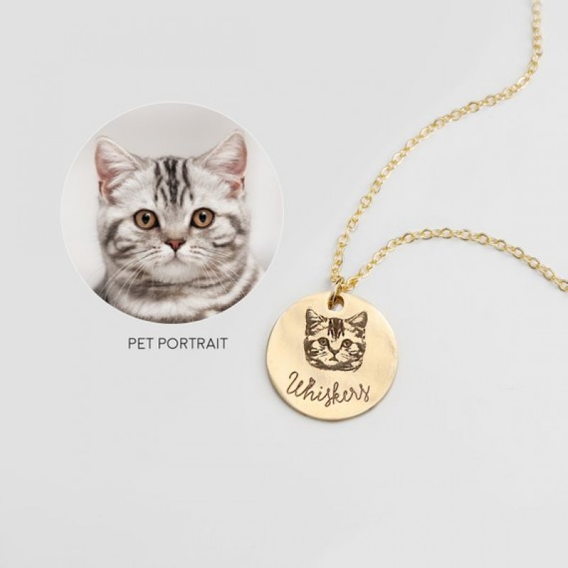 Personalized Single Pendant Pet Portrait Engraved Necklace, Custom Dog / Cat Themed Coin Necklace, Pet Memorial Gift For Dog Mom