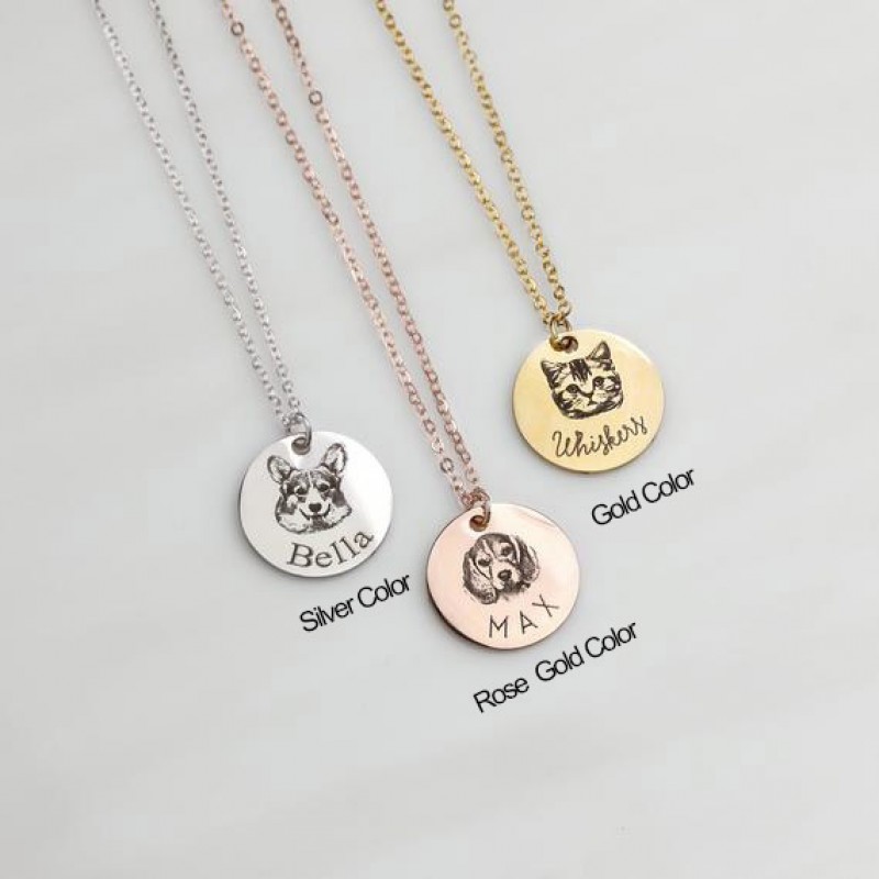 Personalized Single Pendant Pet Portrait Engraved Necklace, Custom Dog / Cat Themed Coin Necklace, Pet Memorial Gift For Dog Mom